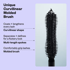 Lash brush with text detailing its features on a light purple background