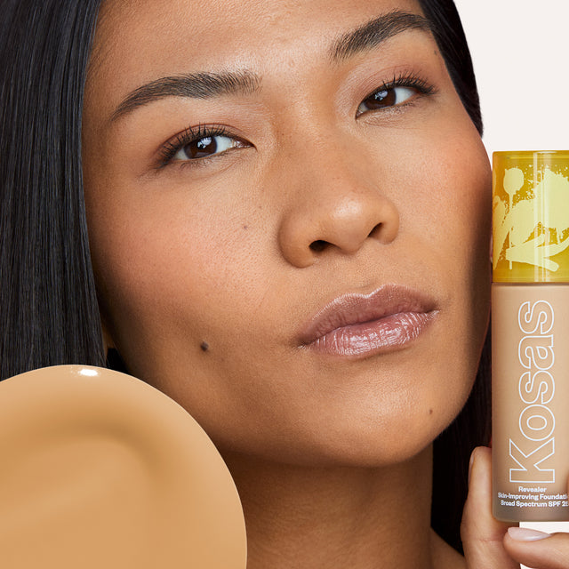 Model wearing Revealer Skin-Improving Foundation SPF 25 in Medium Neutral Warm 230