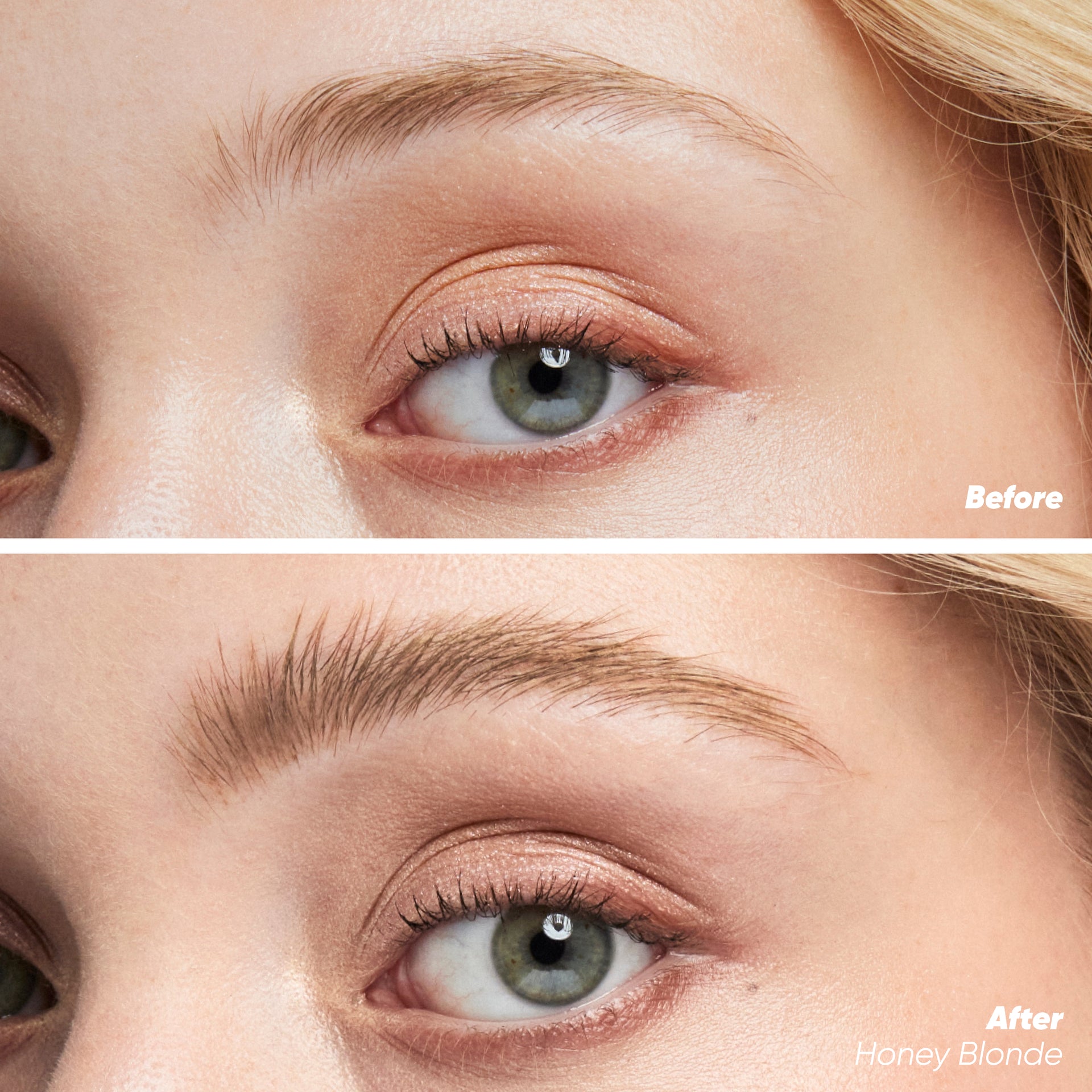 Before and after applying Airbrow tinted in Honey Blonde