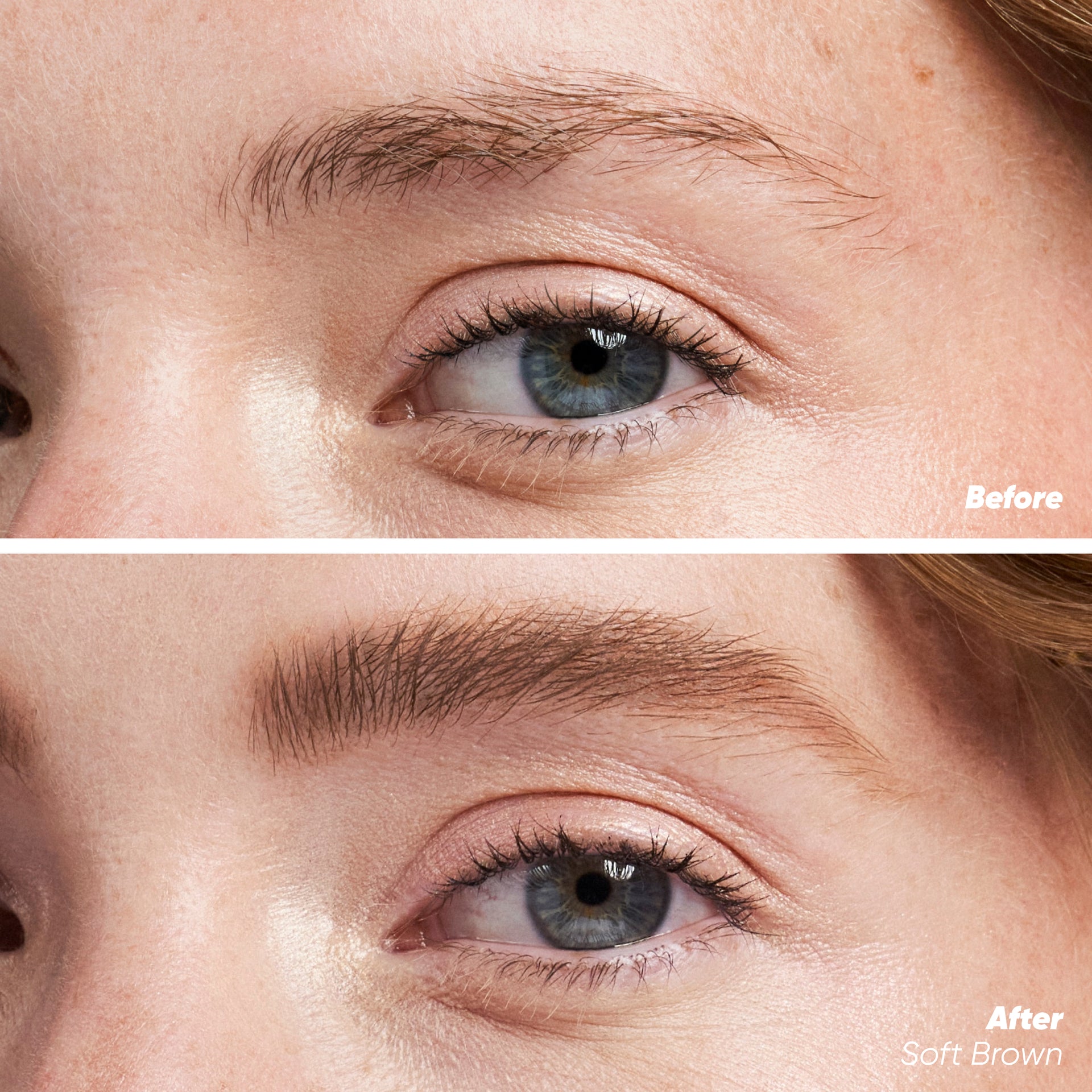 Before and after applying airbrow tinted in Soft Brown
