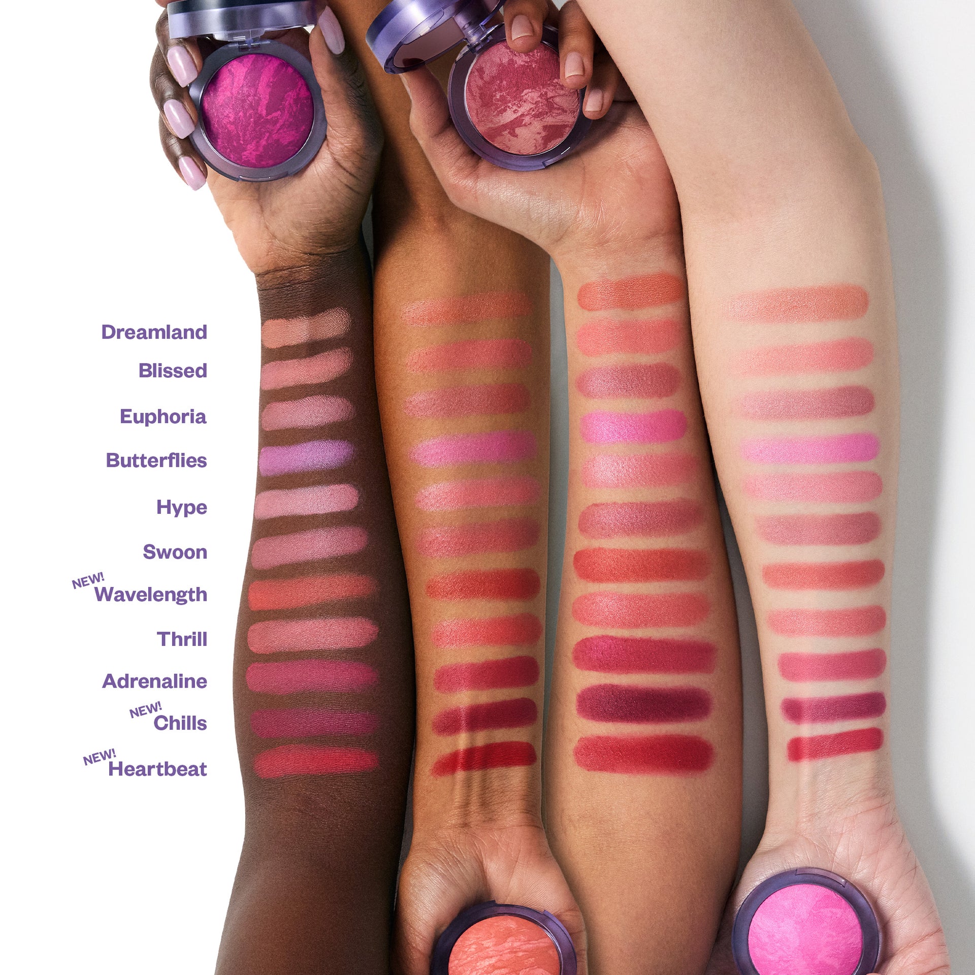 Full shade range of Blush Is Life swatched on arms across various skintones