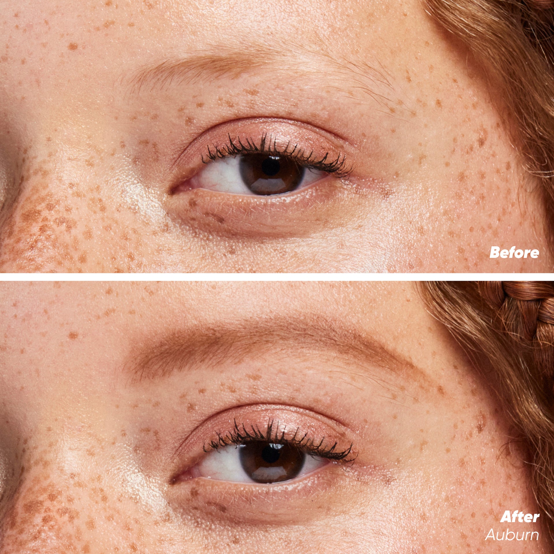 Before and after applying Brow Pop Dual-action in Auburn