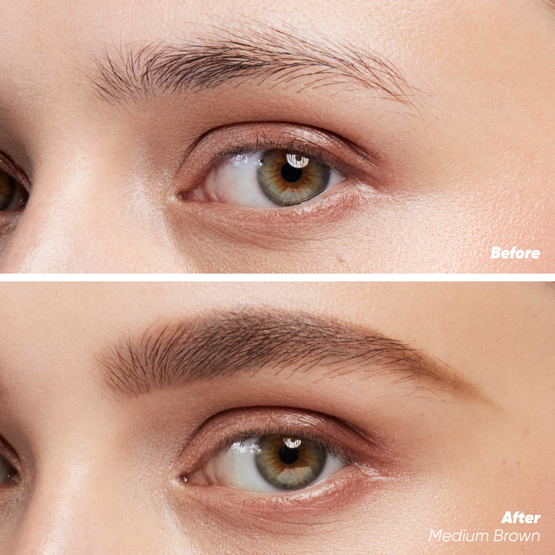 Before and after applying Brow Pop Dual-action in Medium Brown