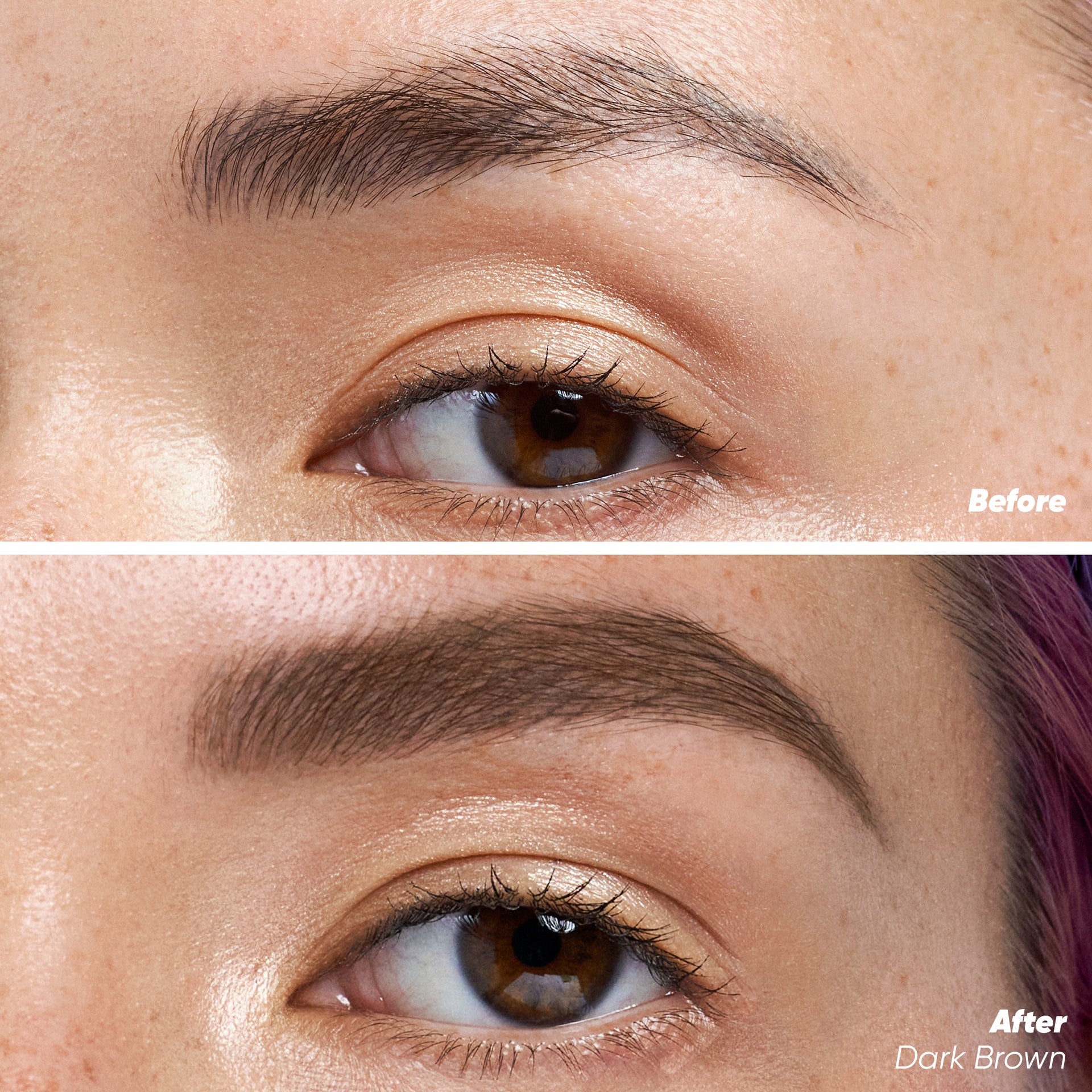 Before and after applying Brow Pop Nano in Dark Brown