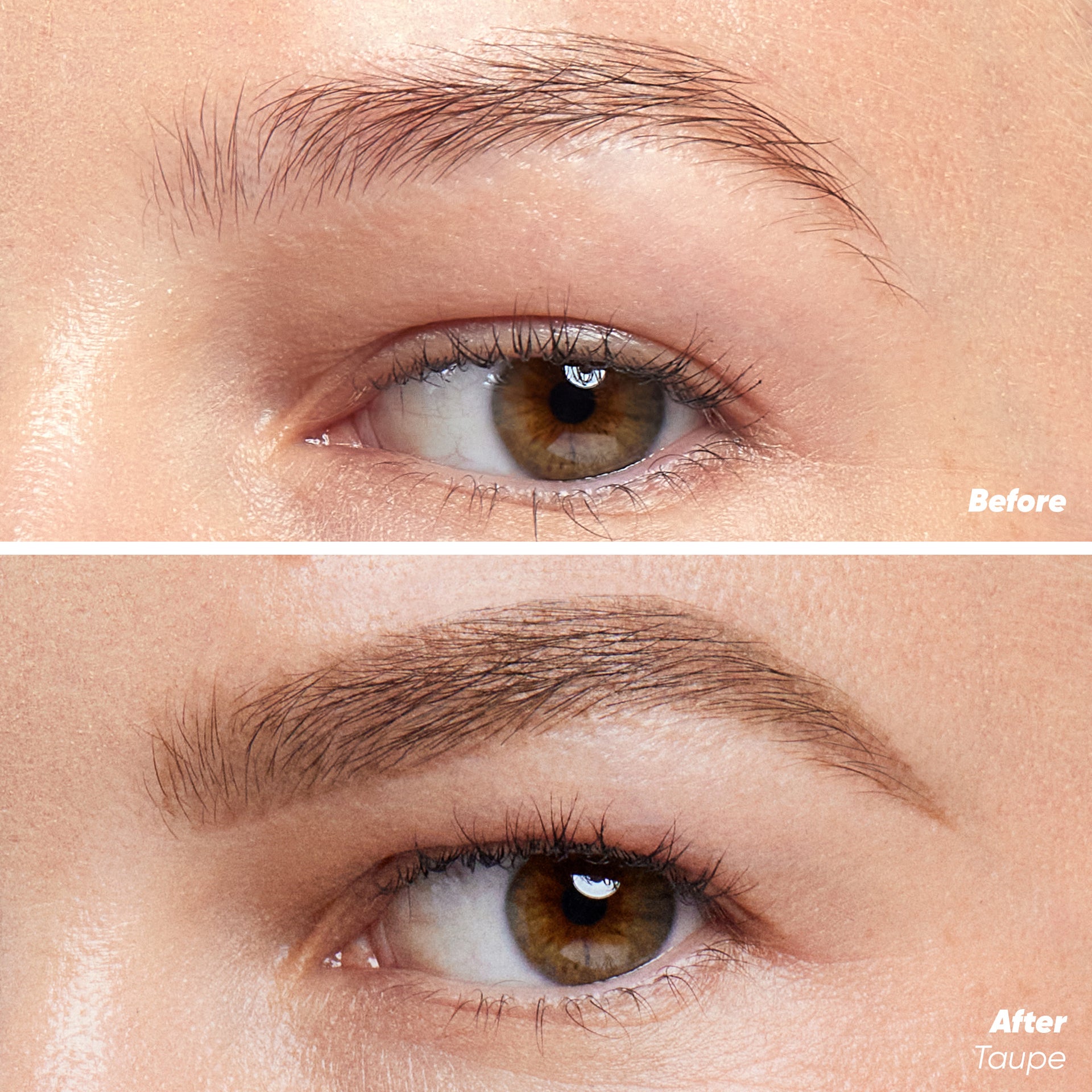 Before and after applying Brow Pop Nano in Taupe