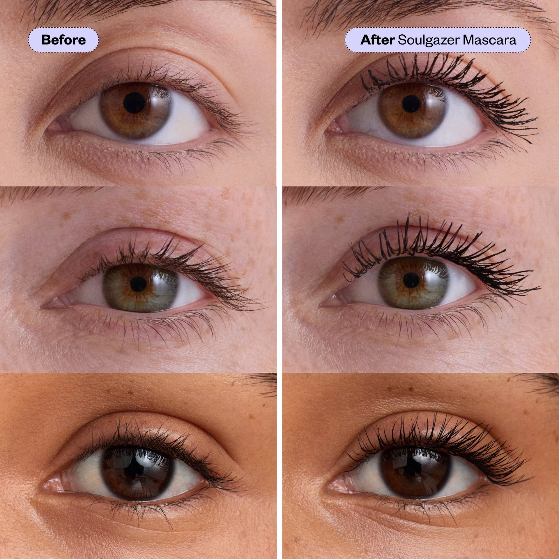 Before and after comparison of a woman's eye with Soulgazer Mascara application.
