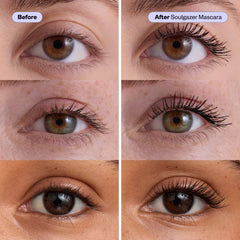 Before and after comparison of a woman's eye with Soulgazer Mascara application.