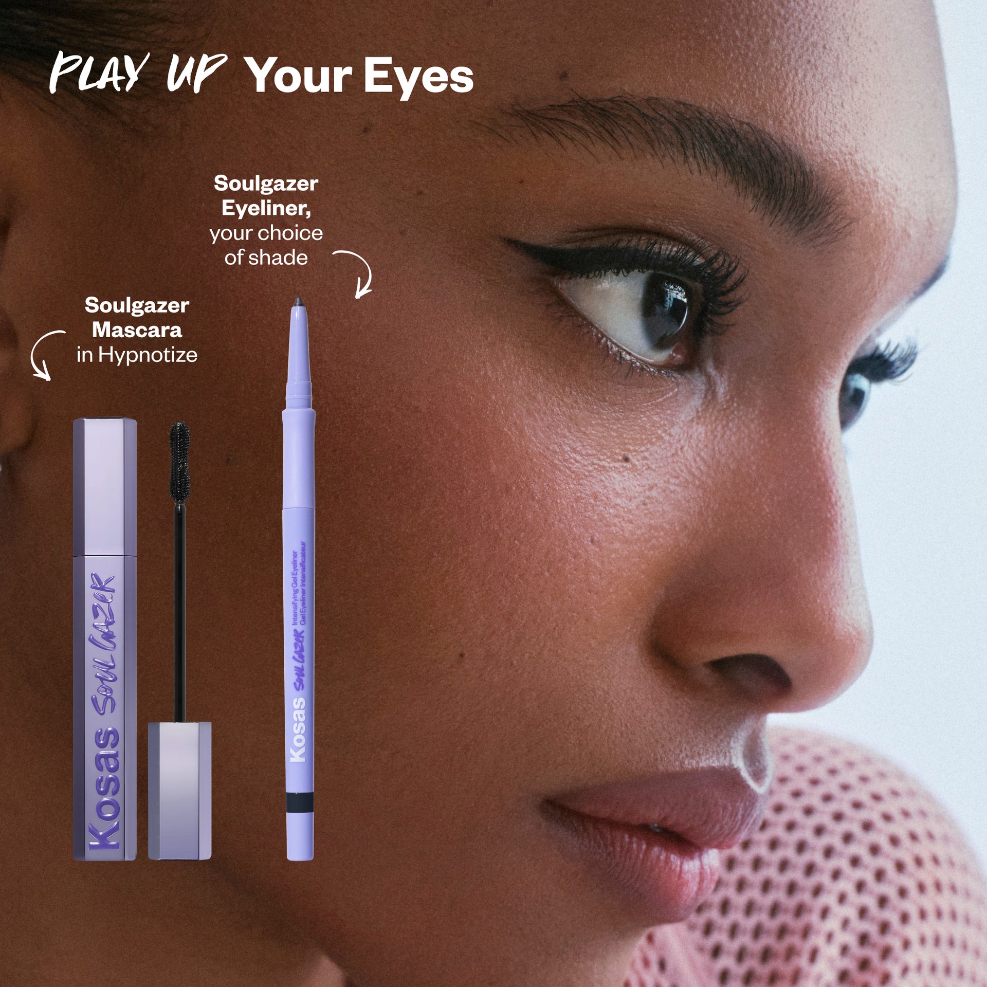 Kosas SoulGazer eyeliner and mascara with a close-up of a woman's eye.
