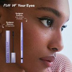 Kosas SoulGazer eyeliner and mascara with a close-up of a woman's eye.