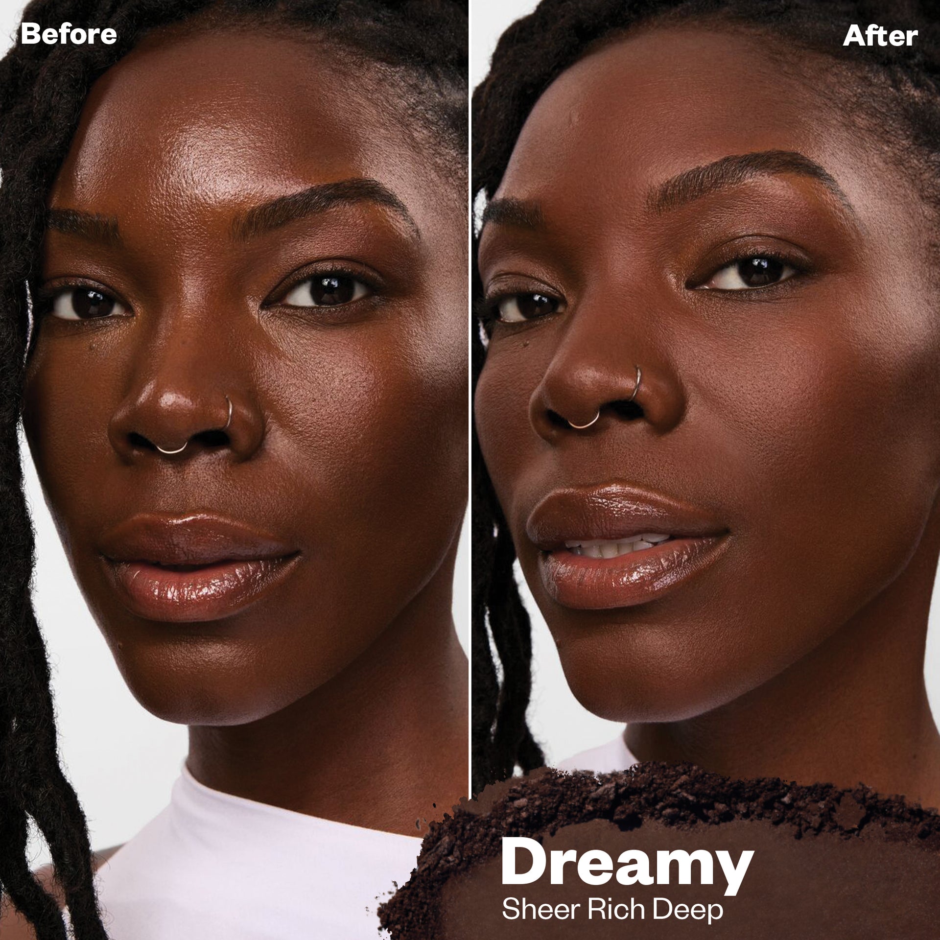 Before and after applying Cloud Set powder in Dreamy