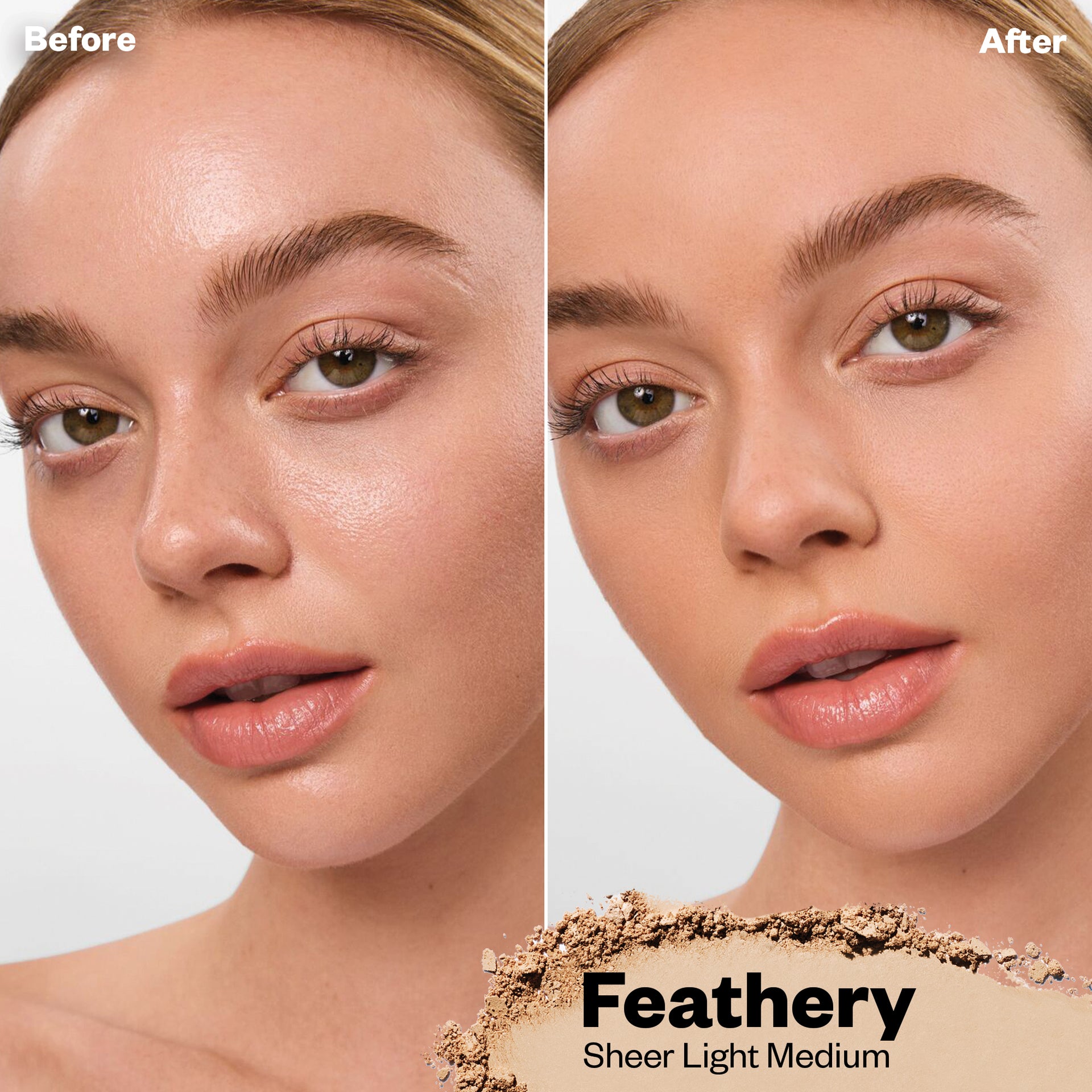 Before and after applying Cloud Set powder in Feathery