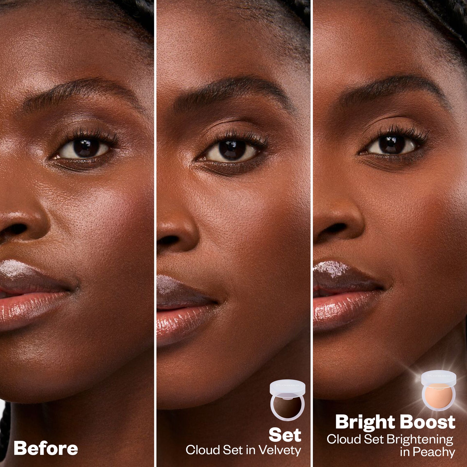 Before and Aftery Applying Cloud Set Brightening Powder in Peachy