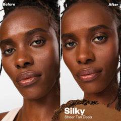 Before and after applying Cloud Set powder in Silky