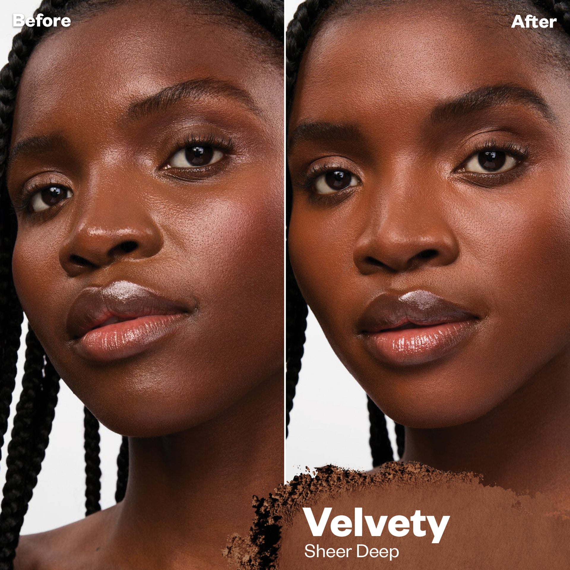 Before and after applying Cloud Set powder in Velvety
