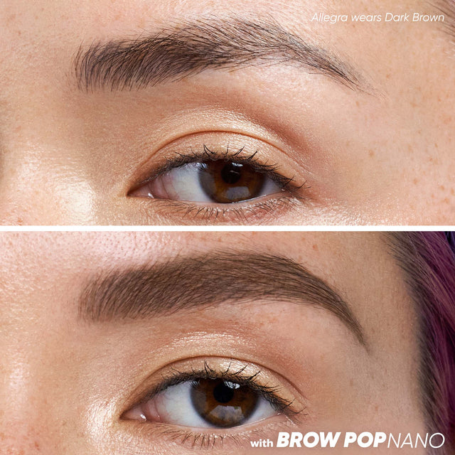 Model wearing Brow Pop Nano in Dark Brown