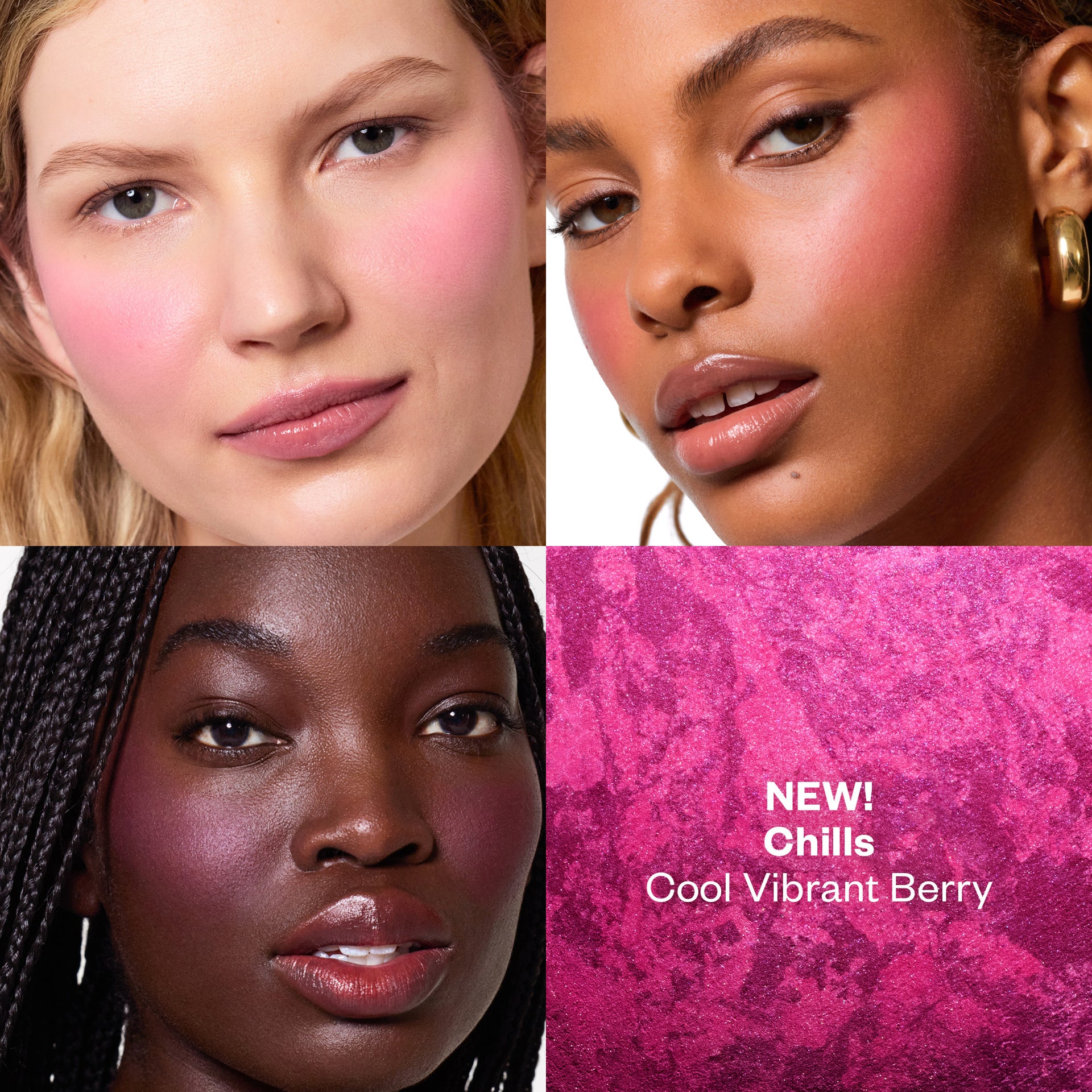 Models wearing Blush Is Life in the shade Chills, shown in a grid layout