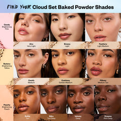 Color swatches of Cloud Set baked powder shades on model faces