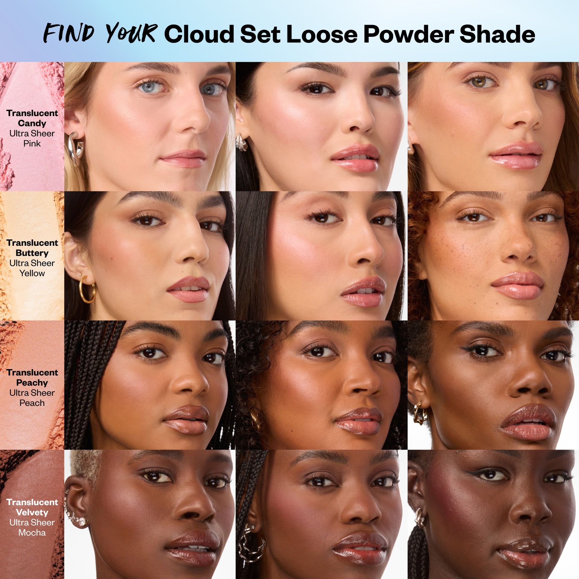 Different skin tones wearing different shades of Cloud Set Loose Powder
