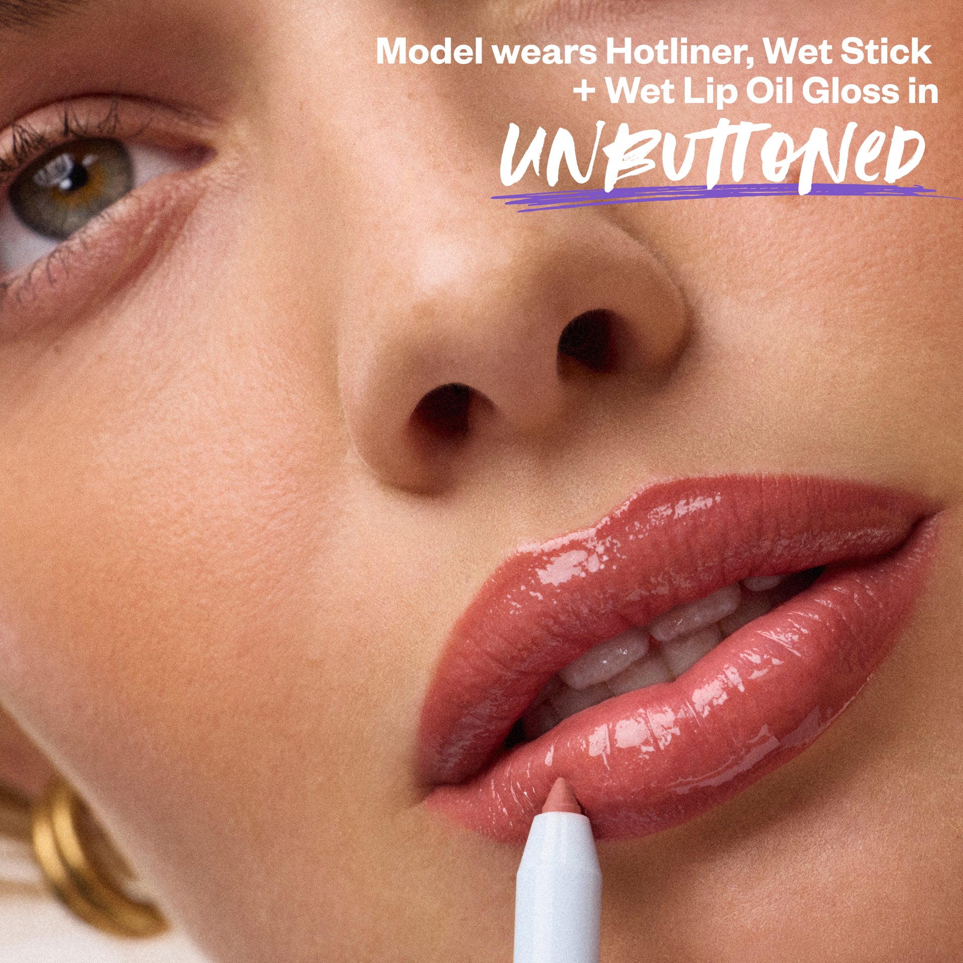 Model wears Hotliner, Wet Stick + Wet Lip Oil Gloss in Unbutttoned