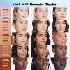 Chart showing Revealer Extra Bright and Concealer shades on different skin tones.