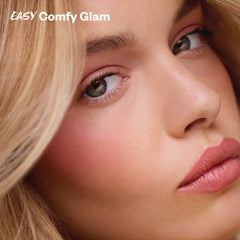 Close-up of a woman's face with 'Easy Comfy Glam' text