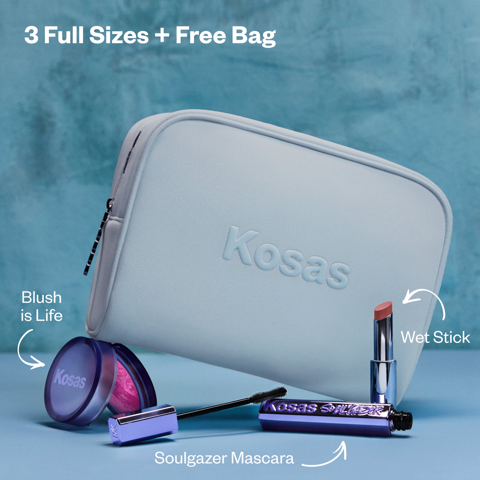 Kosas holiday set with a blue makeup bag
