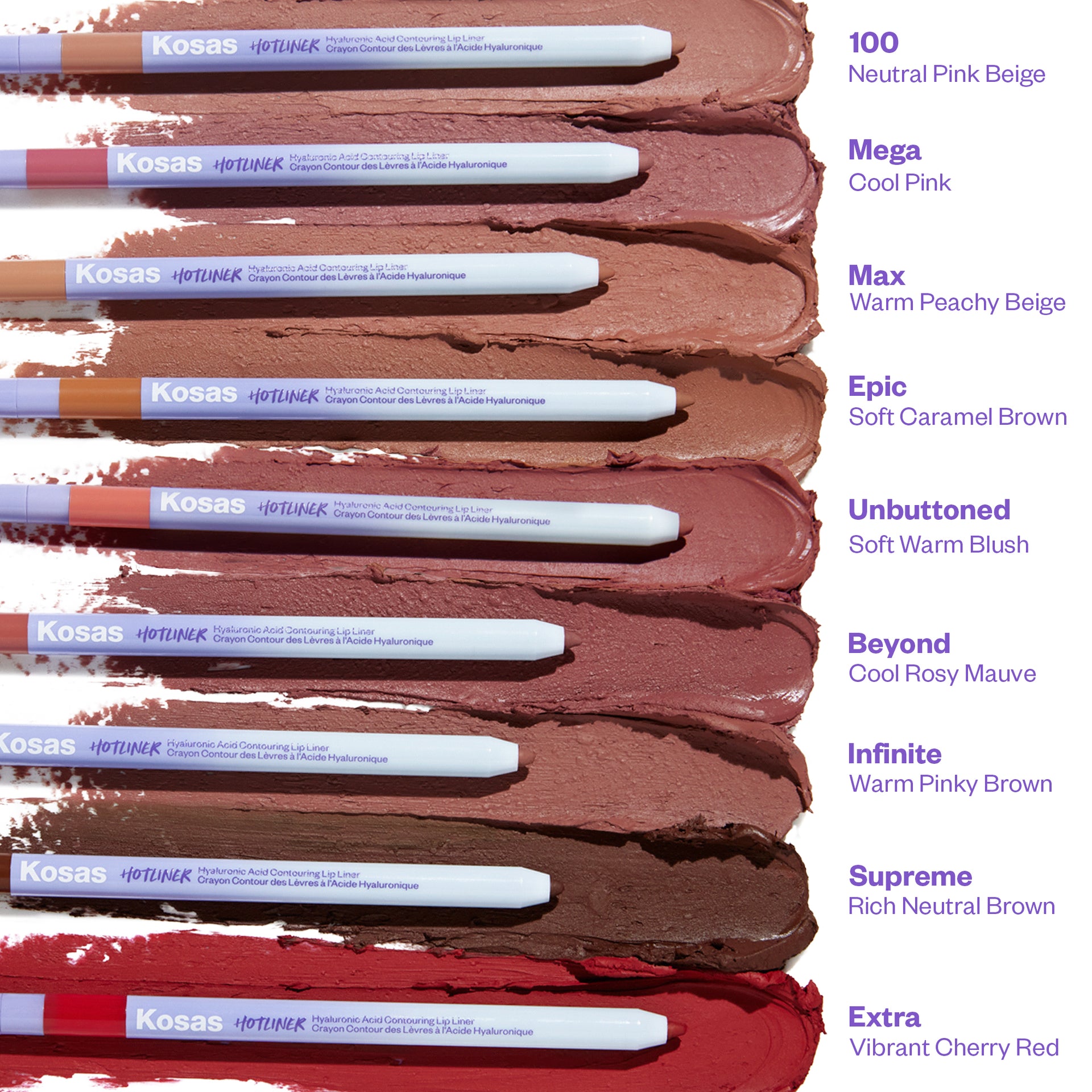 Shade swatches of Kosas Hotliner