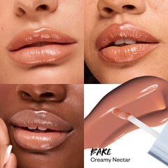 Wet Lip Oil Gloss in Bare applied on models in different skintones