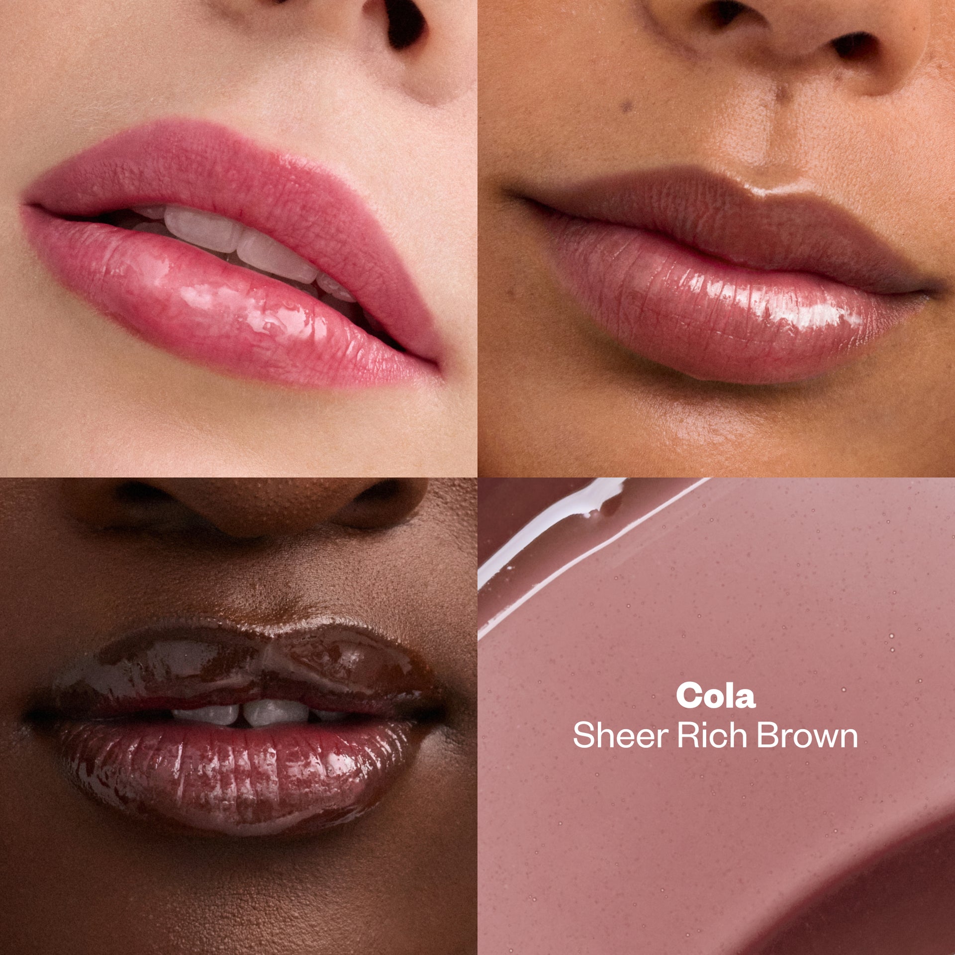 Lip swatches of Wet Lip Oil in Cola shown on multiple skintones