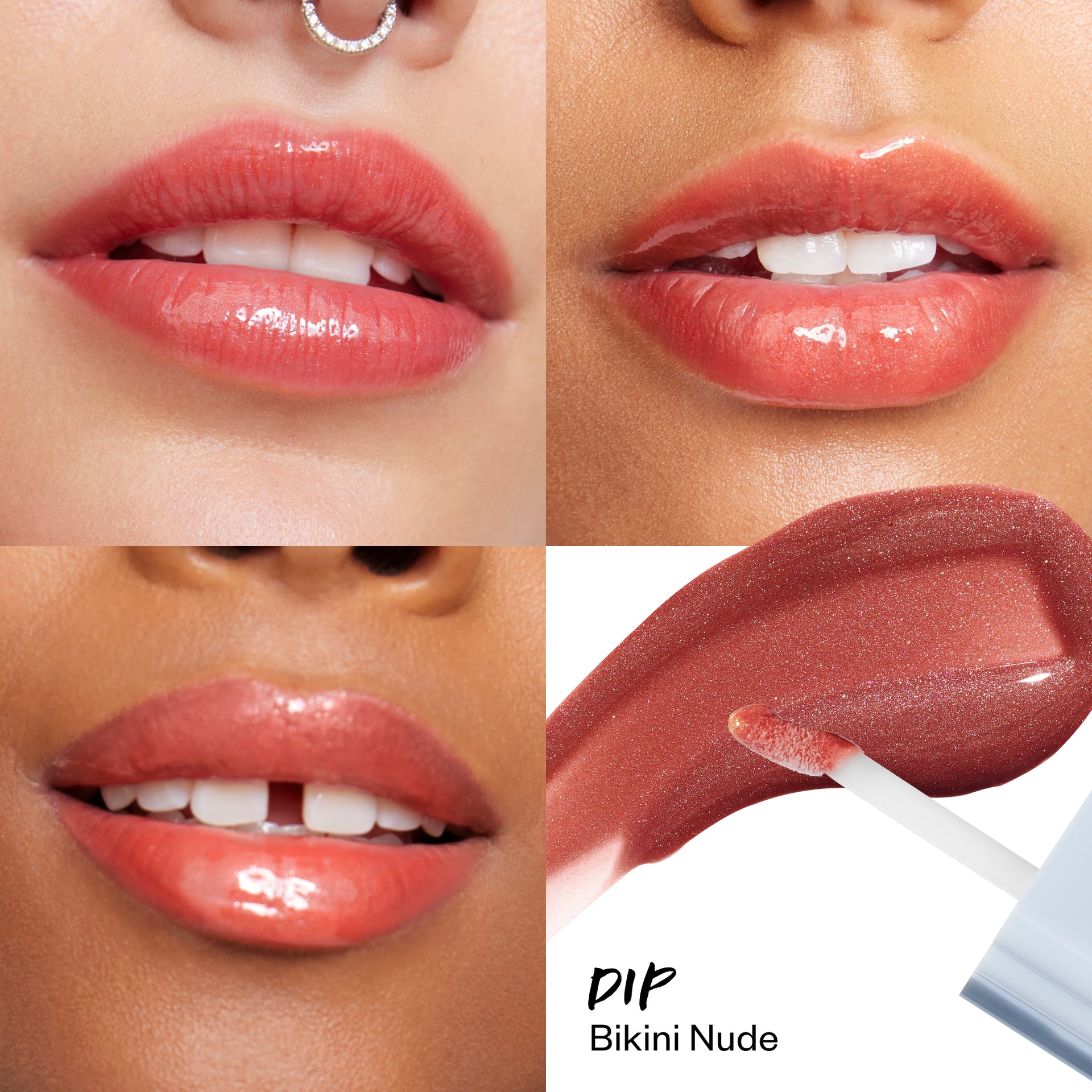 Wet Lip Oil Gloss in Dip applied on models in different skintones