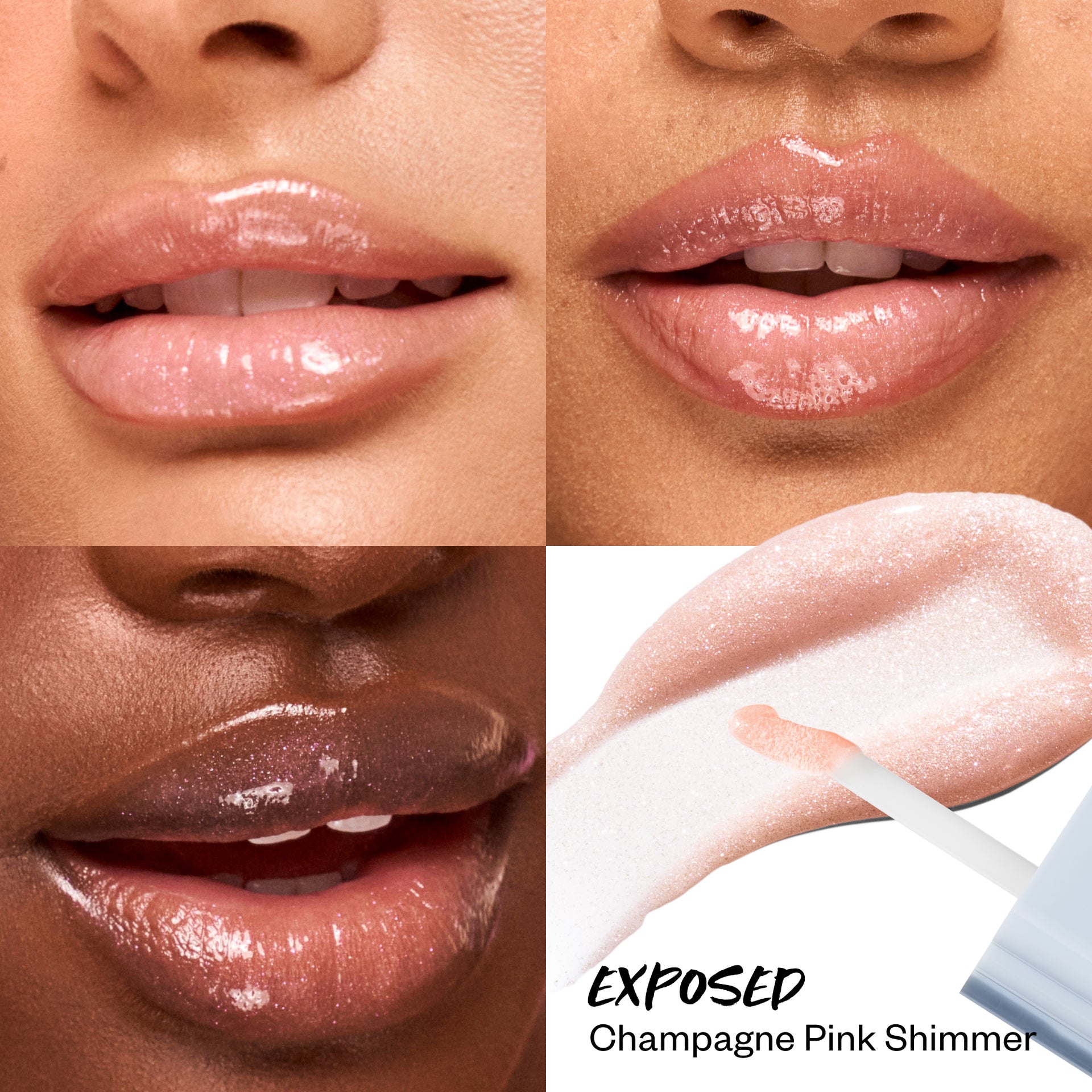 Wet Lip Oil Gloss in Exposed applied on models in different skintones