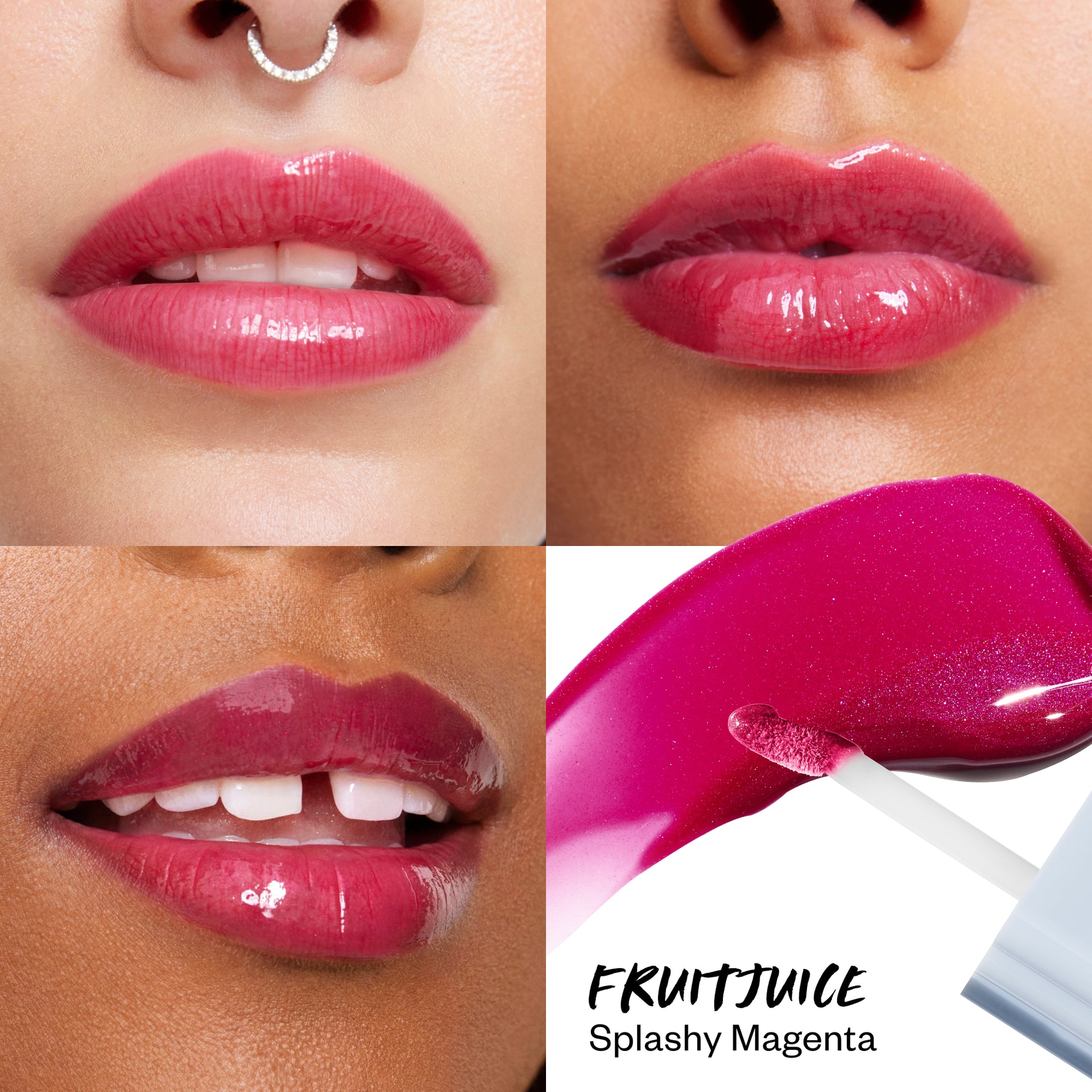 Wet Lip Oil Gloss in Fruitjuice applied on models in different skintones