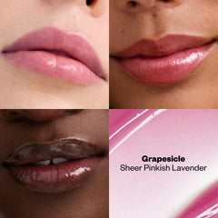 Lip swatches of Wet Lip Oil in Grapesicle shown on multiple skintones