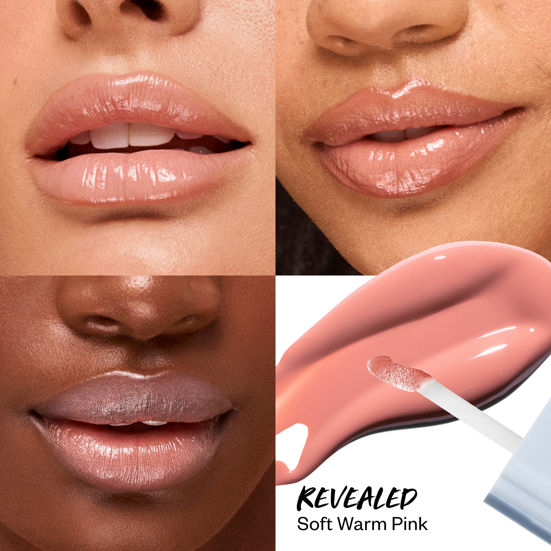 Wet Lip Oil Gloss in Revealed applied on models in different skintones