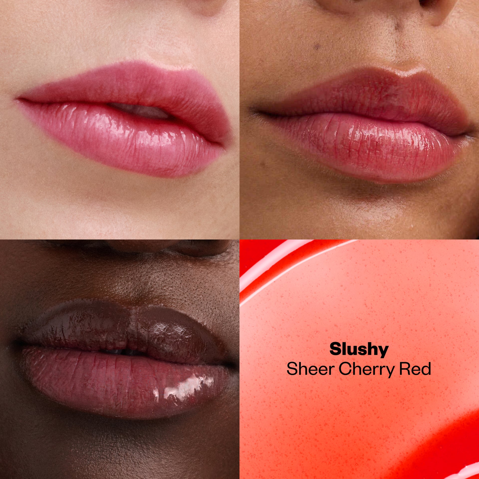 Lip swatches of Wet Lip Oil in Slushy shown on multiple skintones