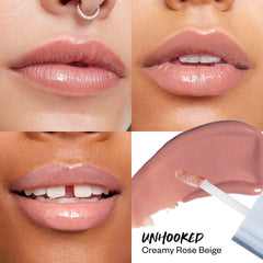 Wet Lip Oil Gloss in Unhooked applied on models in different skintones