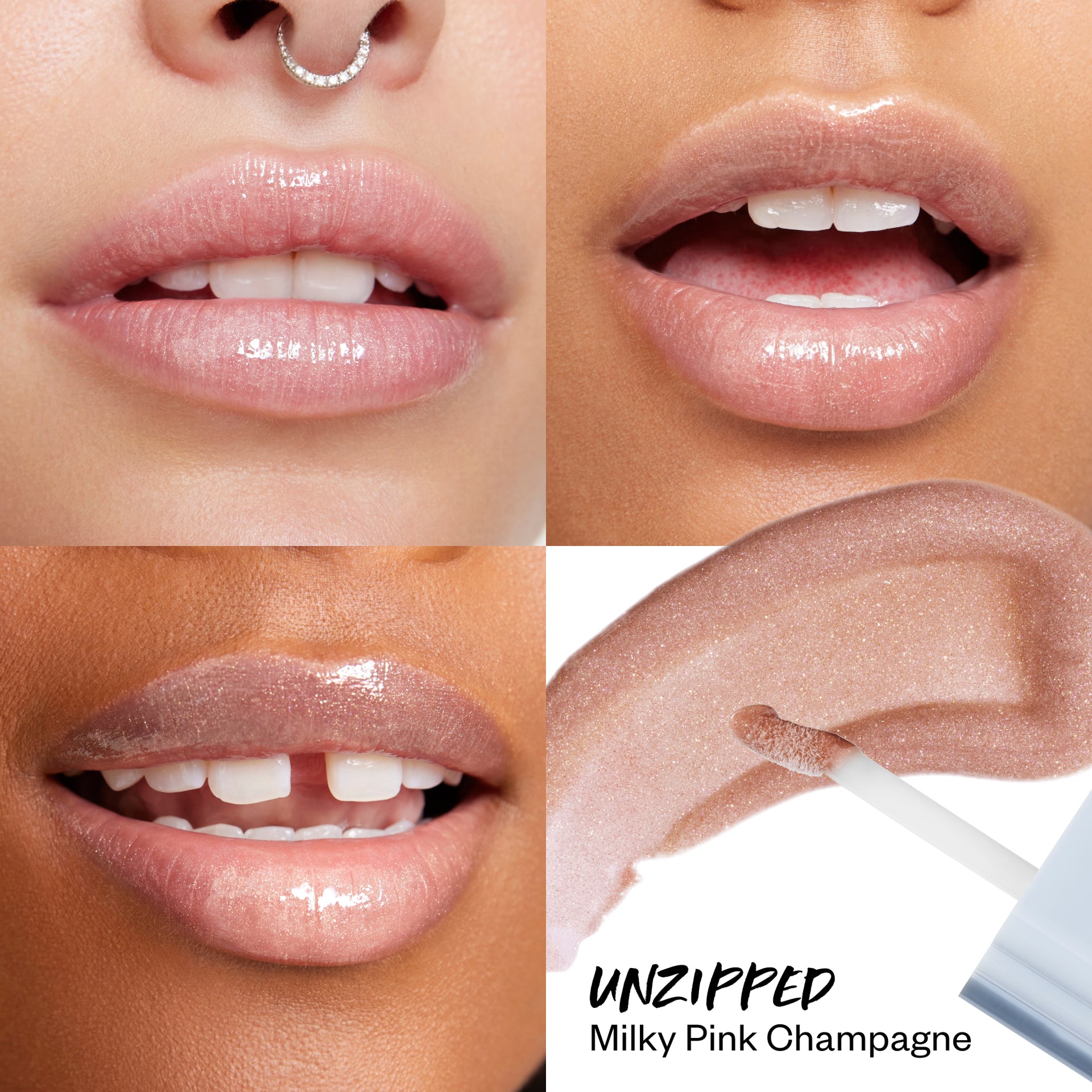 Wet Lip Oil Gloss in Unzipped applied on models in different skintones