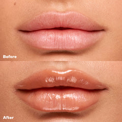 Before and after applying Wet Lip Oil Gloss in the shade Bare