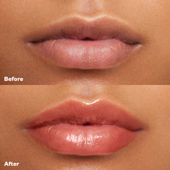 Before and after applying Wet Lip Oil Gloss in the shade Dip