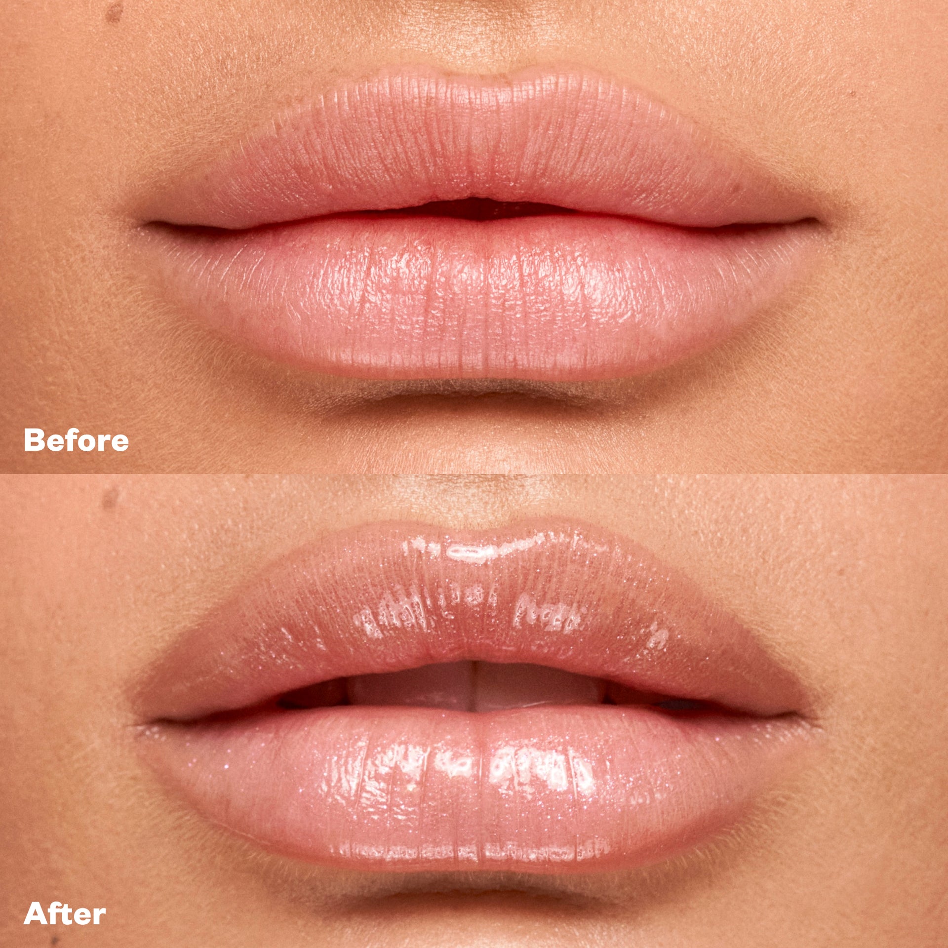 Before and after applying Wet Lip Oil Gloss in the shade Unhooked