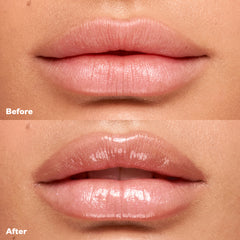 Before and after applying Wet Lip Oil Gloss in the shade Unhooked
