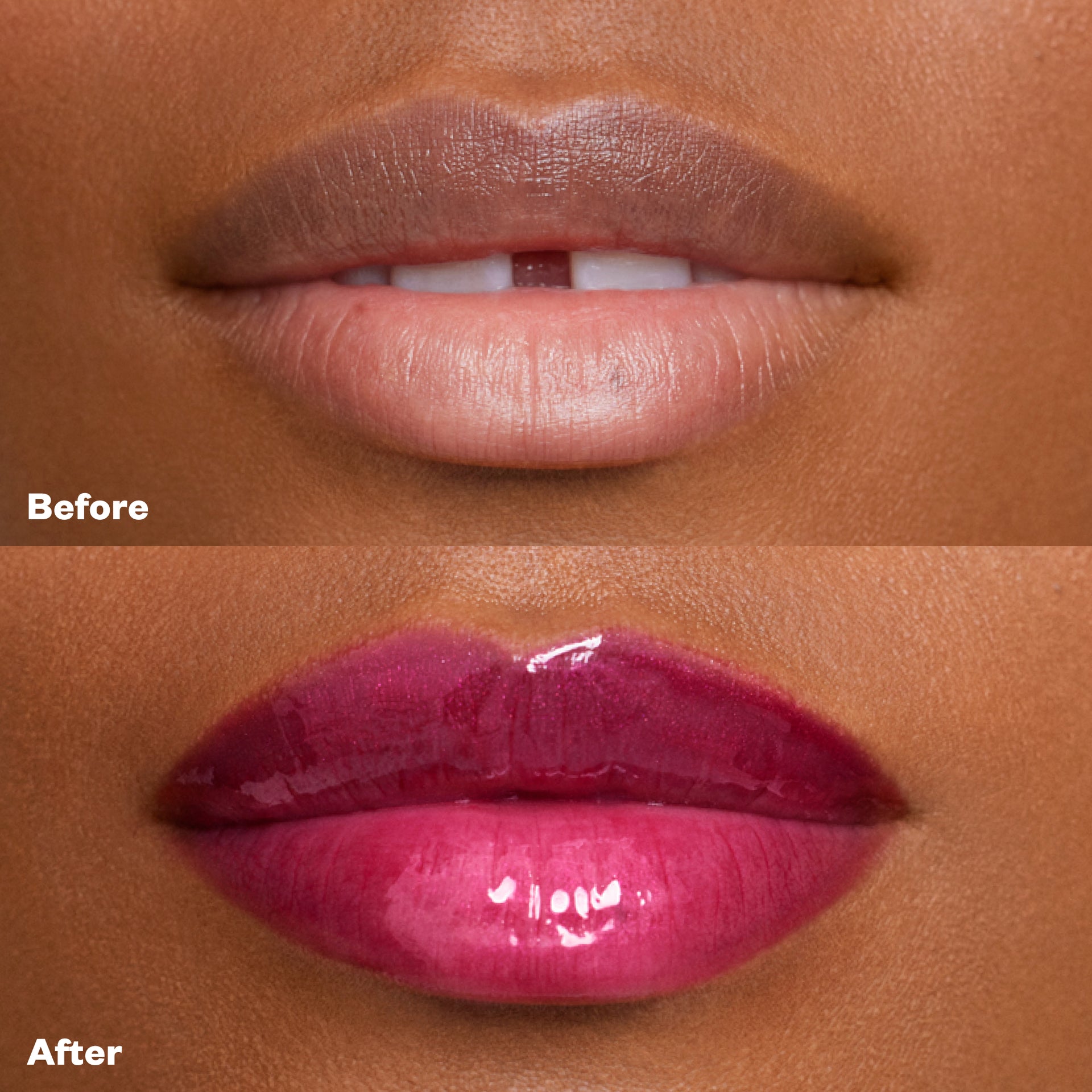 Before and after applying Wet Lip Oil Gloss in the shade Fruitjuice