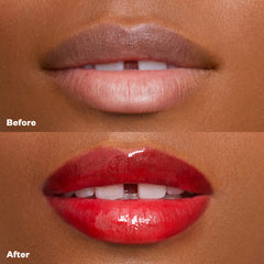 Before and after applying Wet Lip Oil Gloss in the shade Jaws