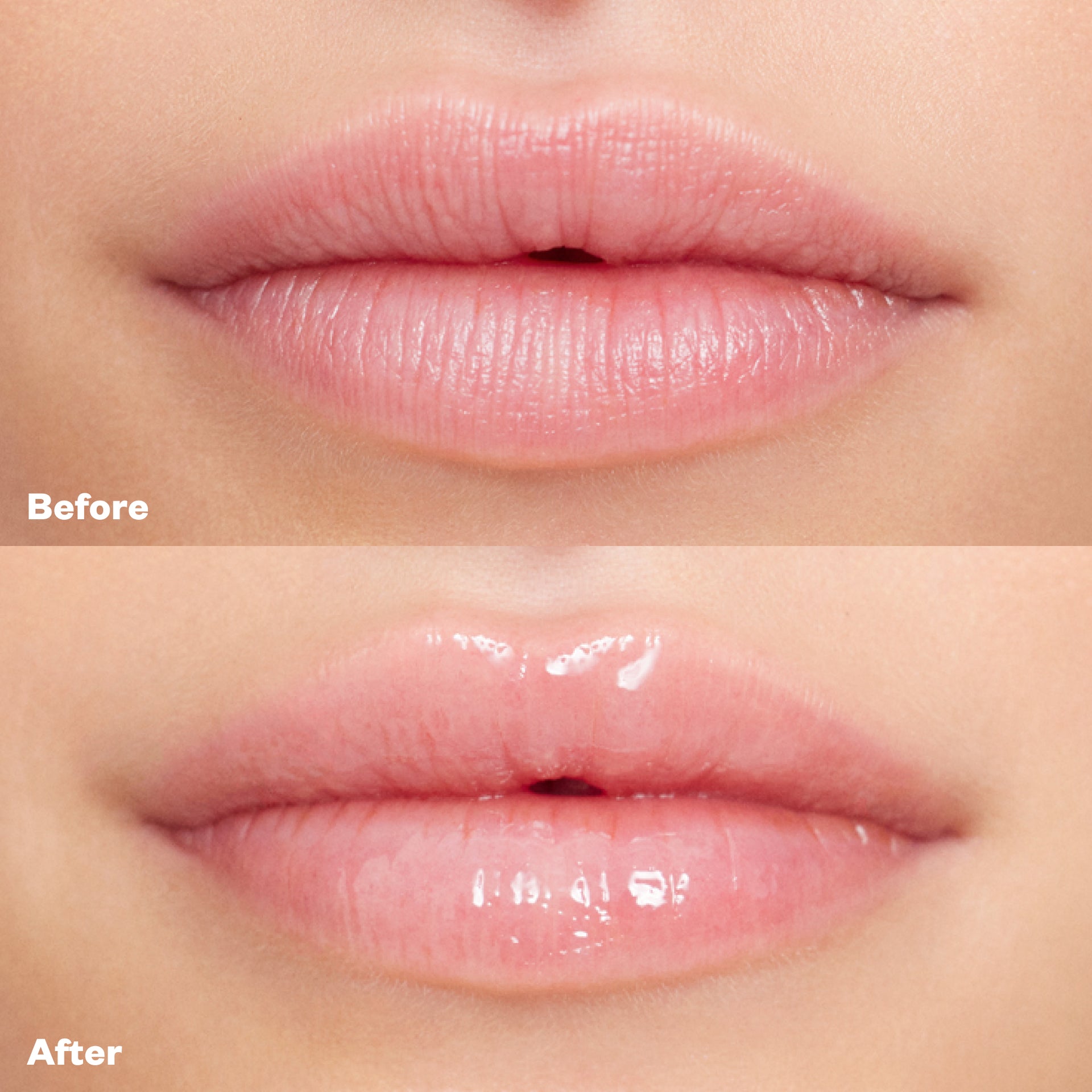 Before and after applying Wet Lip Oil Gloss in the shade Jellyfish