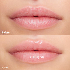 Before and after applying Wet Lip Oil Gloss in the shade Jellyfish