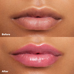 Before and after applying Wet Lip Oil Gloss in the shade Malibu