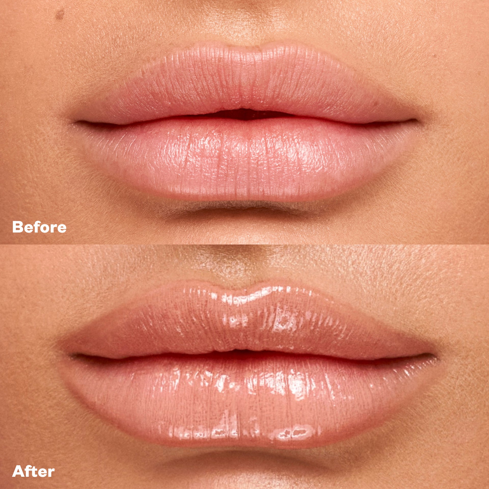 Before and after applying Wet Lip Oil Gloss in the shade Revealed