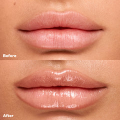 Before and after applying Wet Lip Oil Gloss in the shade Revealed