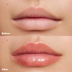 Before and after applying Wet Lip Oil Gloss in the shade Unbuttoned