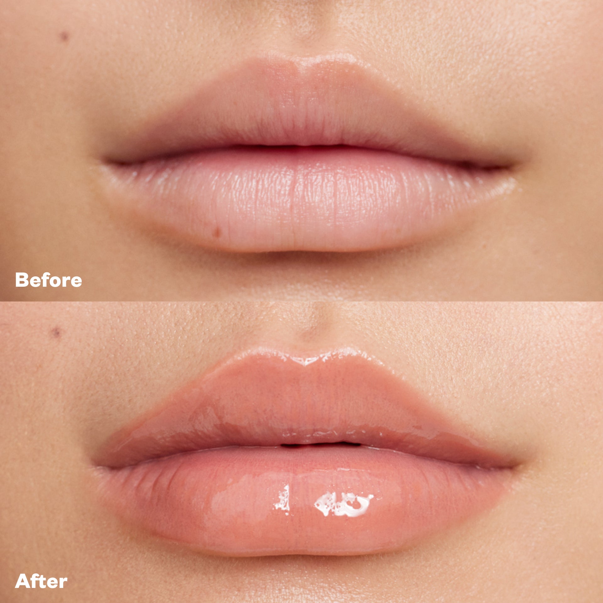 Before and after applying Wet Lip Oil Gloss in the shade Unhooked